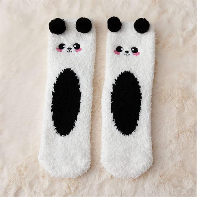 Two pairs of cute panda socks featuring adorable black and white faces, perfect for cozying up at home.