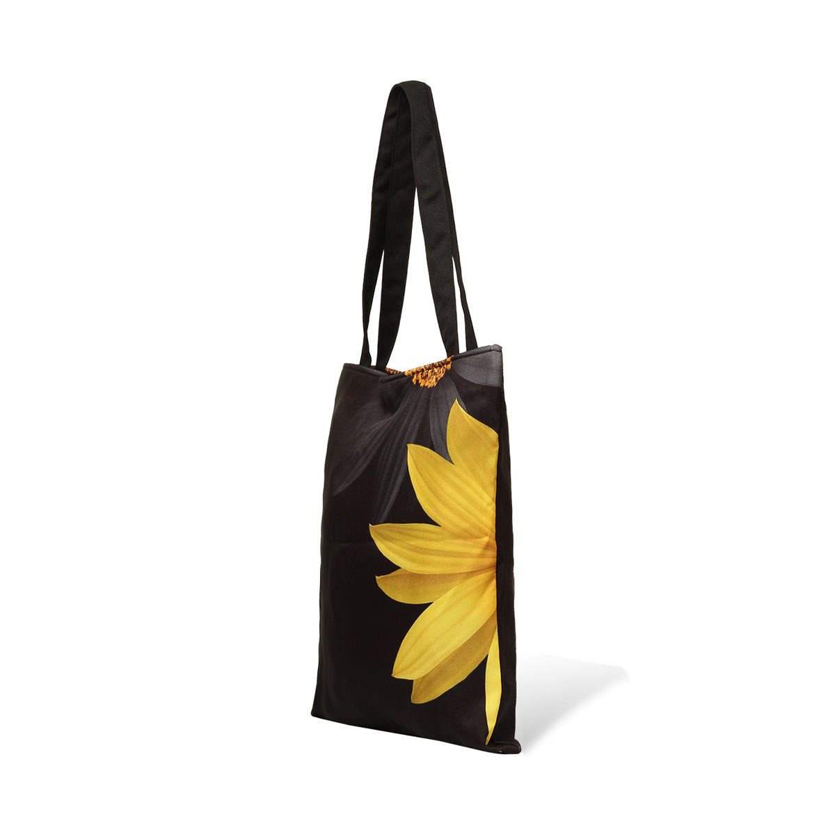 Fashionable black and yellow flower tote bag with a vibrant floral motif, adding a touch of elegance to your look.
