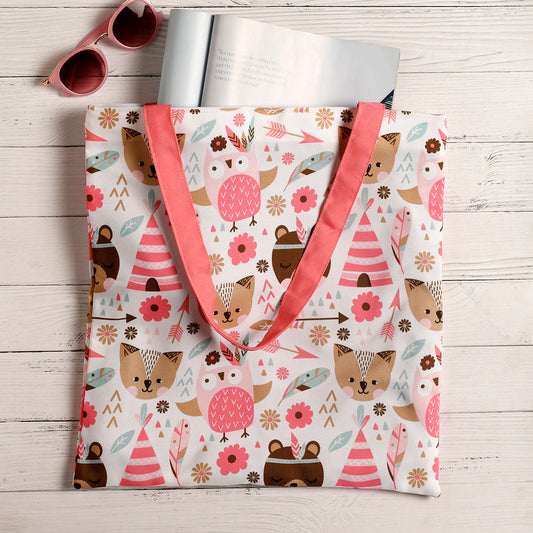 Cute animal pattern on a pink tote bag.