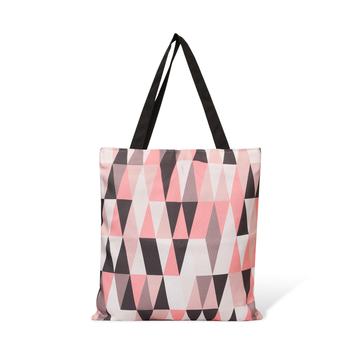 Stylish pink and black tote bag featuring triangles.