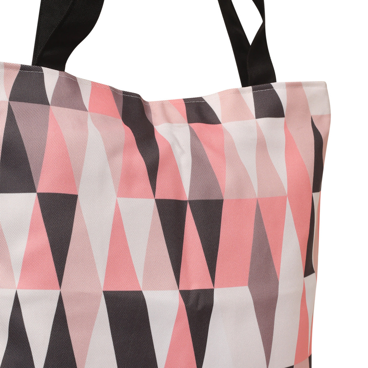 A fashionable tote bag in pink and black with a striking triangle pattern, combining style and functionality.
