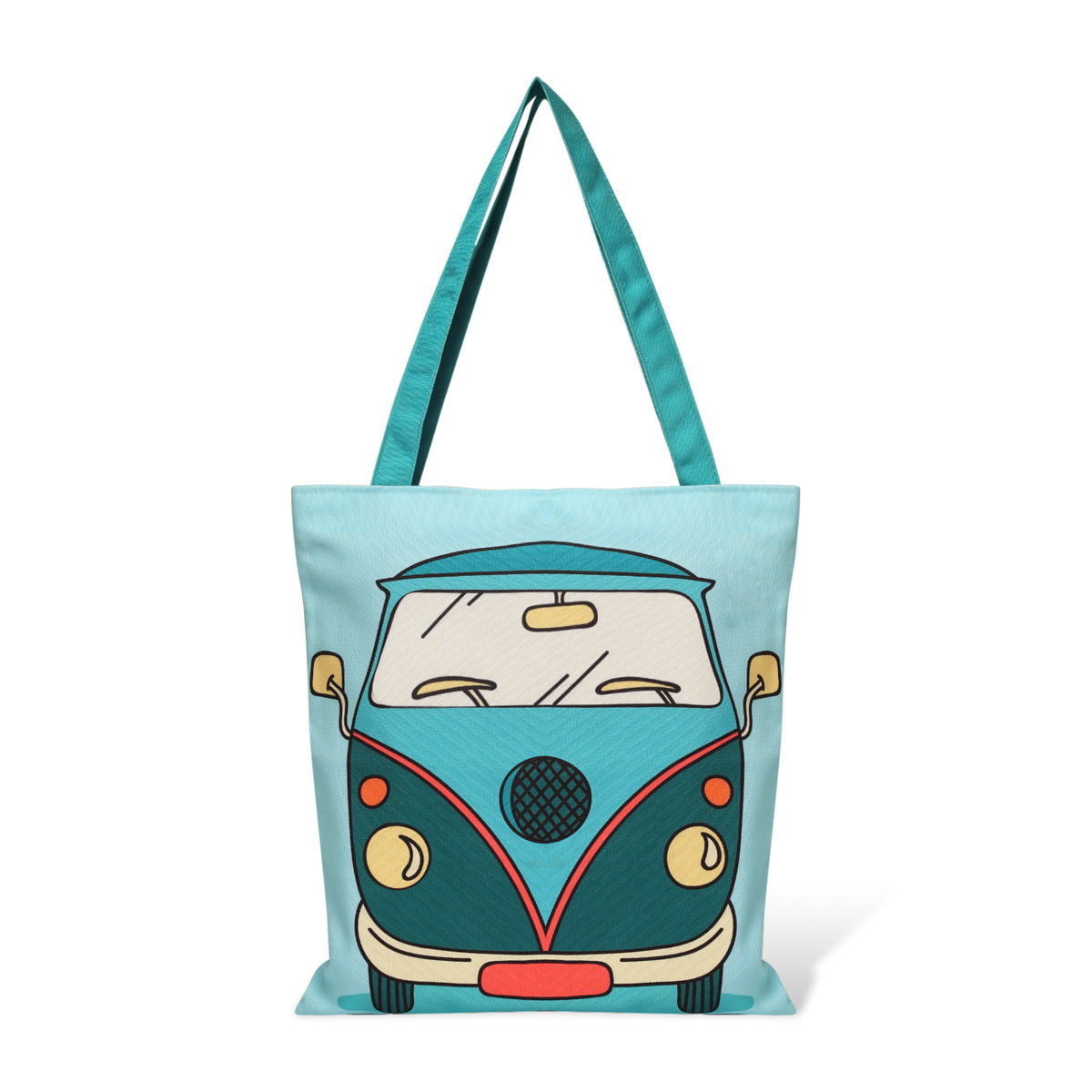 A blue and green tote bag designed with a Volkswagen bus motif, combining functionality with a fun, nostalgic aesthetic.