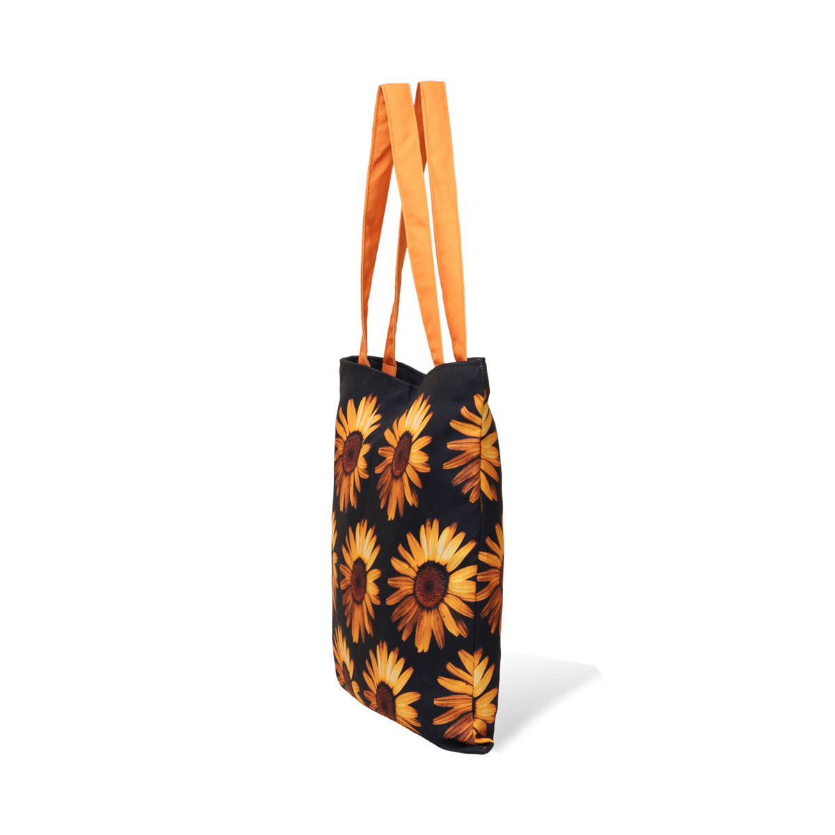 Fashionable black and orange tote bag with sunflower print.