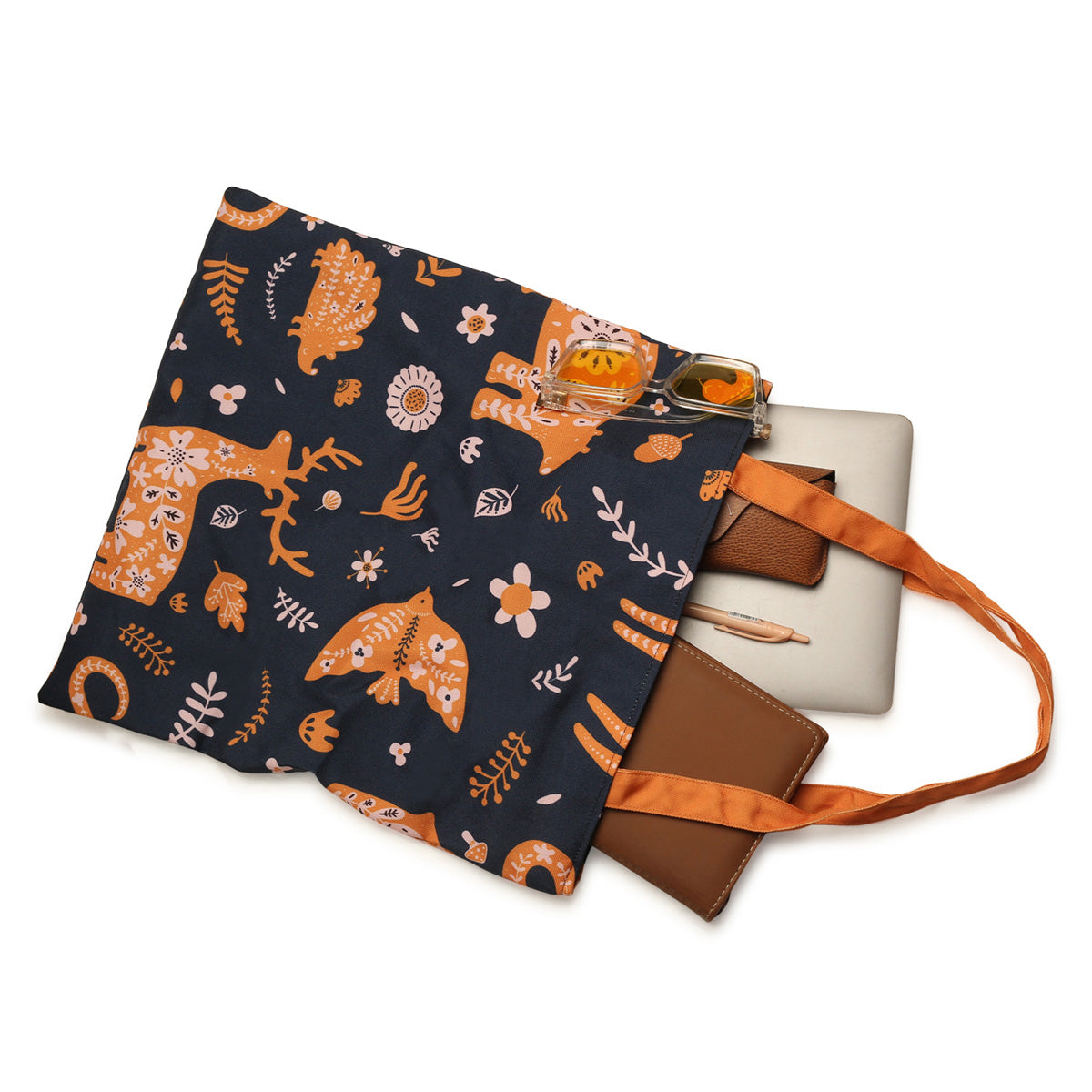 Fashionable tote bag featuring bold orange and blue colors.