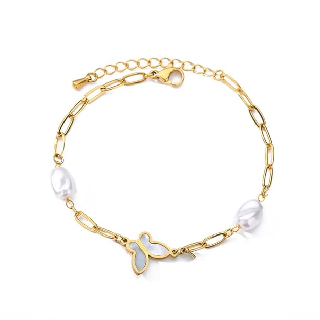 Stylish gold plated bracelet adorned with white pearl and butterfly.