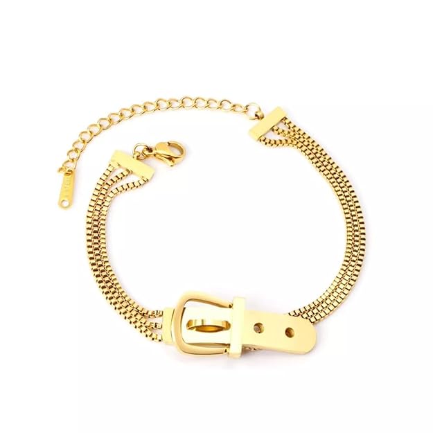 Elevate your style with this stunning gold plated bracelet, complete with a fashionable buckle design.