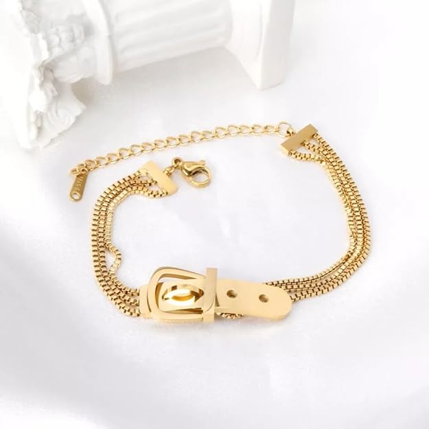 Enhance your look with this luxurious gold plated bracelet and buckle.