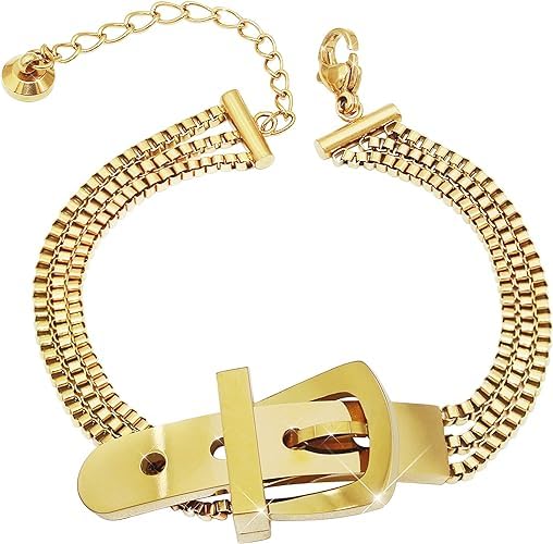 Gold plated bracelet with buckle, elegant accessory for any outfit.