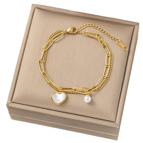 Stylish gold bracelet featuring heart charm and pearl detail.