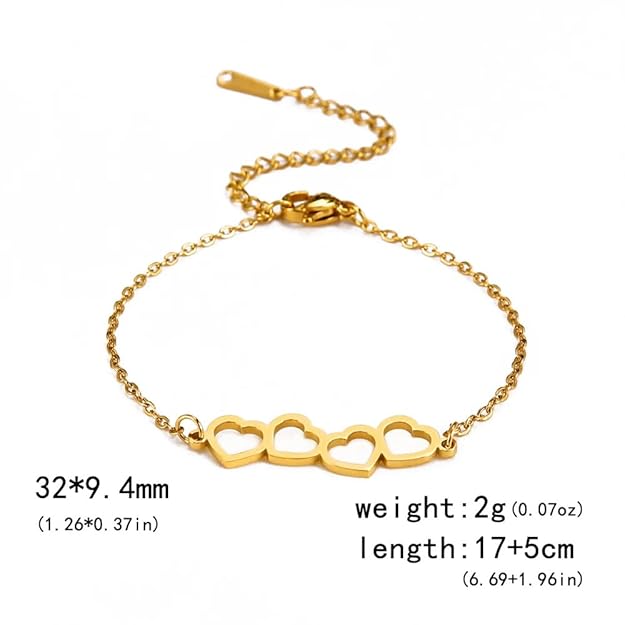 A shiny gold bracelet adorned with two hearts.