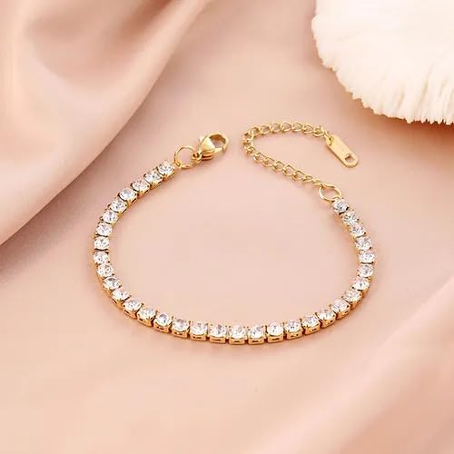 Stylish woman flaunting gold bracelet with diamonds.