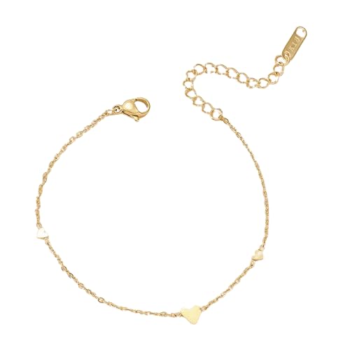 A bracelet with gold chain and heart-shaped charms.