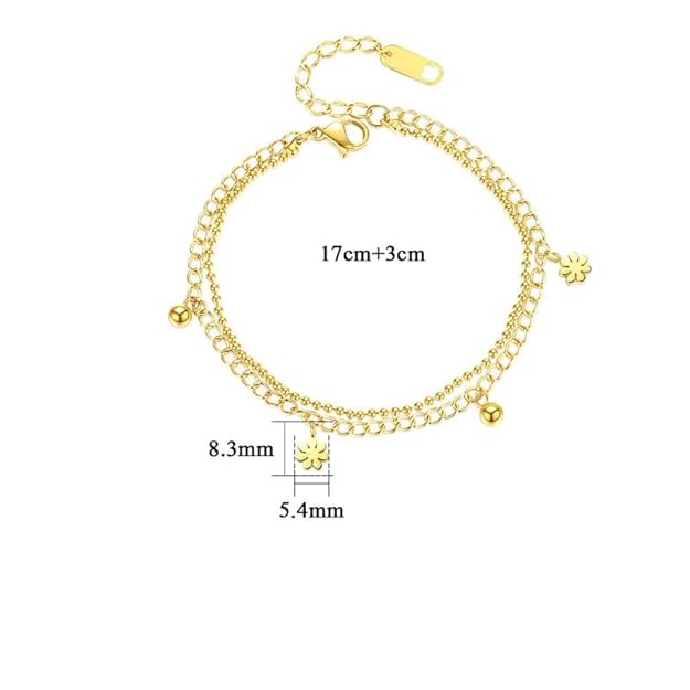 A gold plated daisy chain bracelet on a white background.