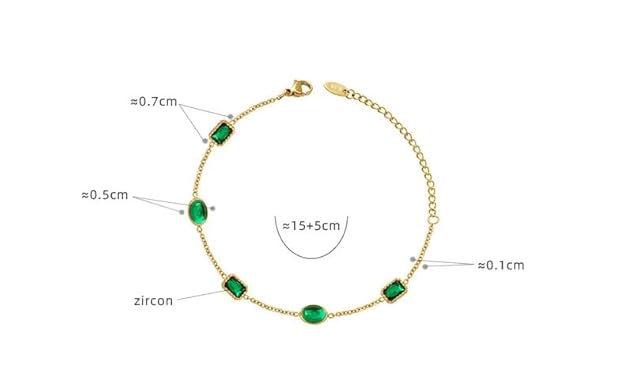 Stylish gold chain bracelet adorned with beautiful green stones.