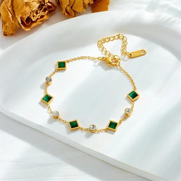 Stylish green and white bracelet adorned with square stones, perfect for any occasion.