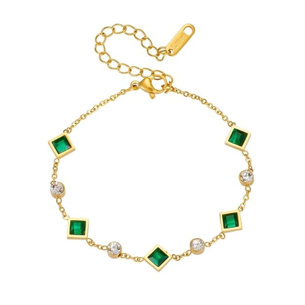 Add a touch of sophistication to your outfit with this green and white bracelet embellished with square stones.