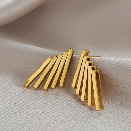 Gold plated earrings crafted from thin metal strips.