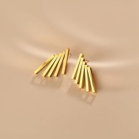 Stylish earrings featuring gold plating and thin metal strips.