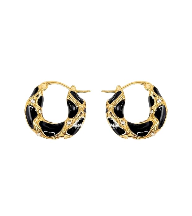  Fashionable gold plated hoop earrings with black enamel.