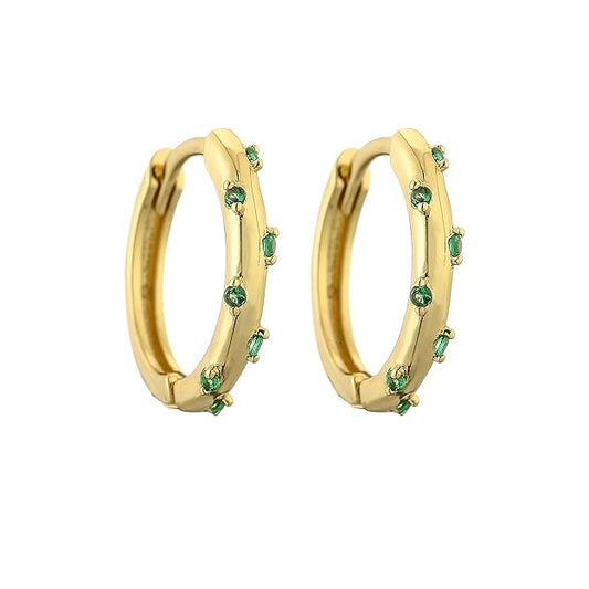 Gold hoop earrings with emerald stones