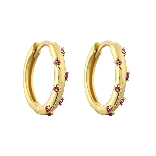 Gold hoop earrings with pink stones, perfect for adding a touch of elegance to any outfit.