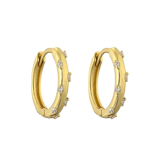 Gold hoop earrings with sparkling diamonds, perfect for adding a touch of elegance to any outfit.