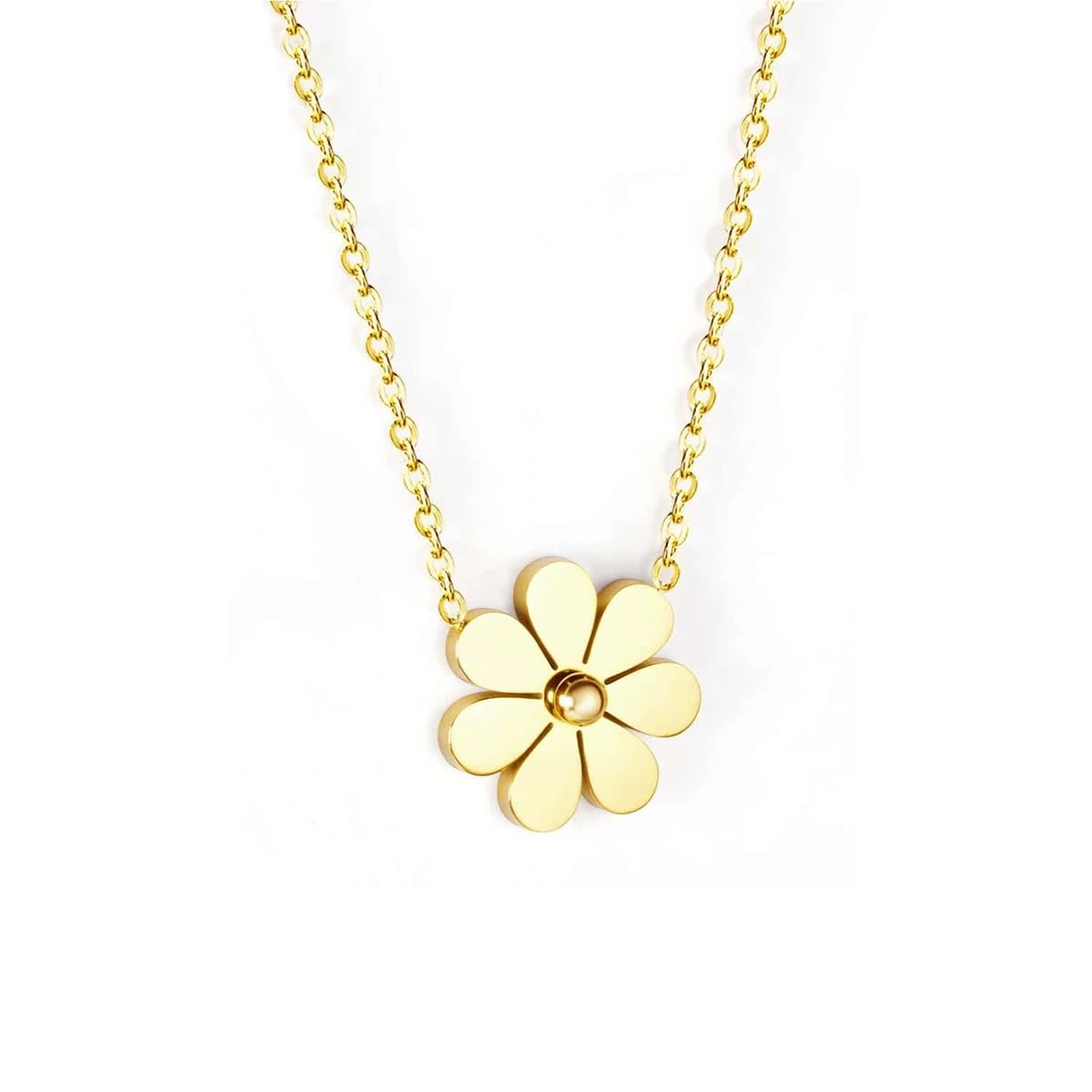 Elegant gold necklace featuring small flower.