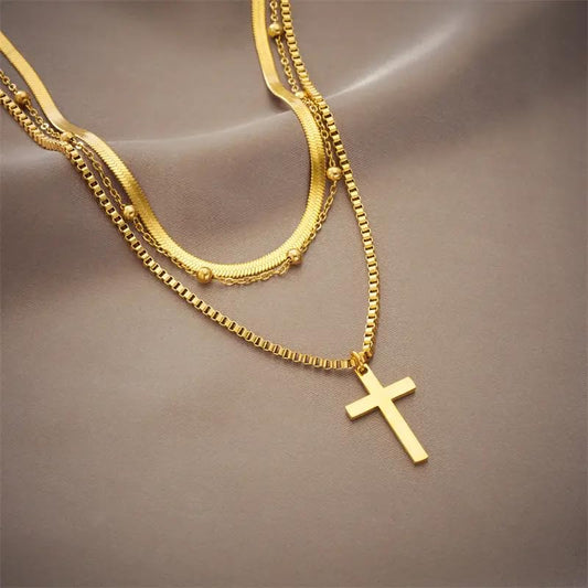 Bella Cross Pendant Three Layered Necklace