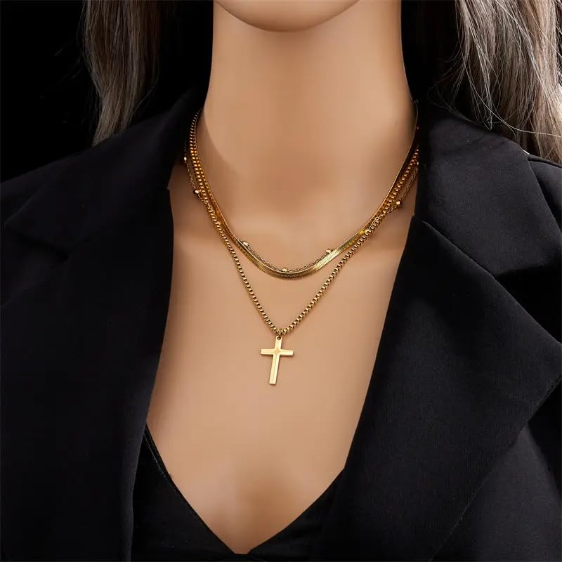 Bella Cross Pendant Three Layered Necklace