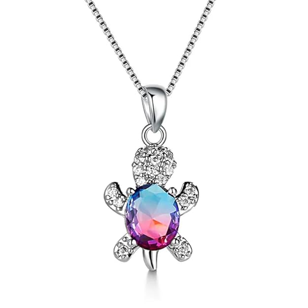  Turtle-shaped necklace with a colorful rainbow crystal.