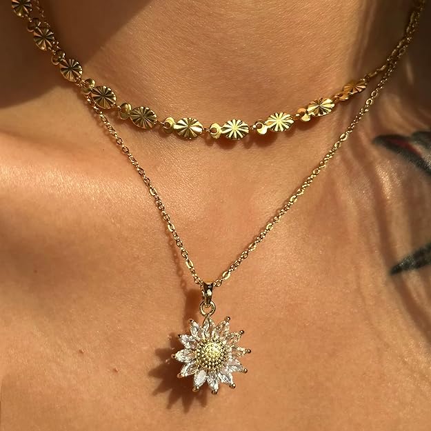 Sunflower pendant on a gold necklace, a beautiful and elegant piece.