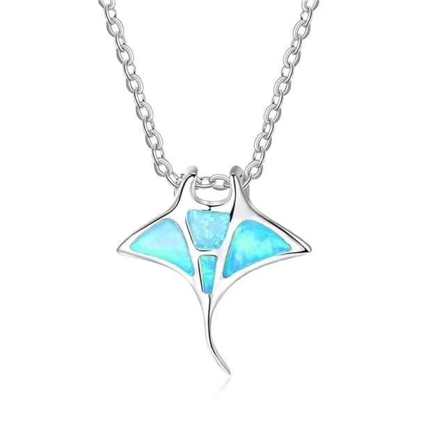 Elegant blue sting ray pendant suspended on a dainty chain.