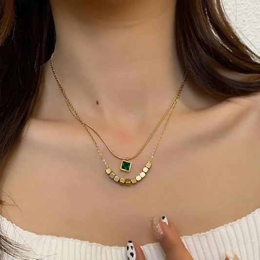 Heartwell Green Stone Double Layer Necklace