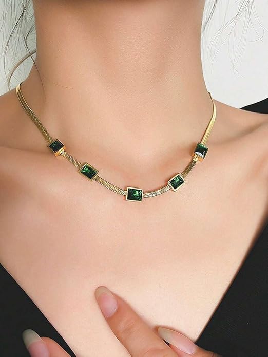 Faux Emerald Snake Bone Chain Necklace