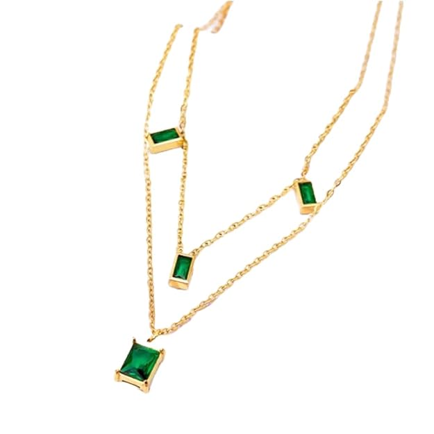 Faux Emerlad Pendant Double Layer Necklace