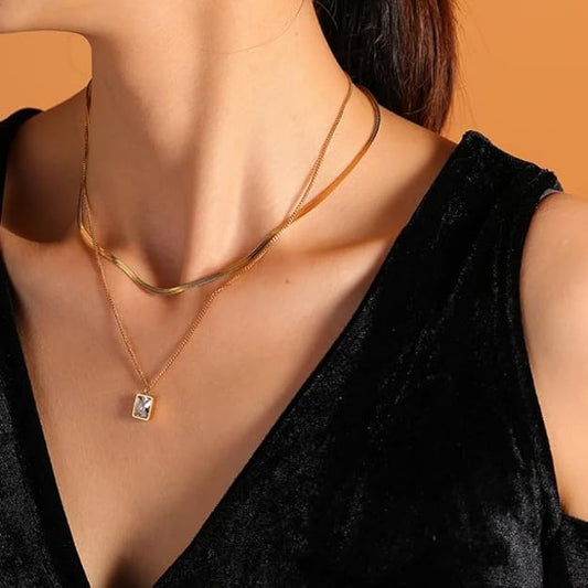 Victoria Solitaire Pendant Double Layer Necklace