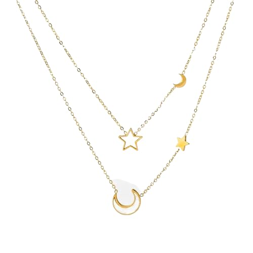 Two gold plated necklaces featuring star and moon pendants, against a white backdrop