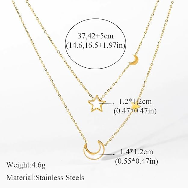 Two gold plated necklaces with star and moon pendants on a white background.