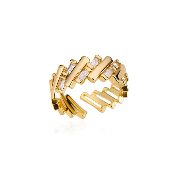 A luxurious gold ring with three rows of sparkling diamonds.