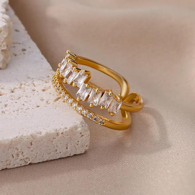 Elegant gold ring featuring dazzling white gemstones.