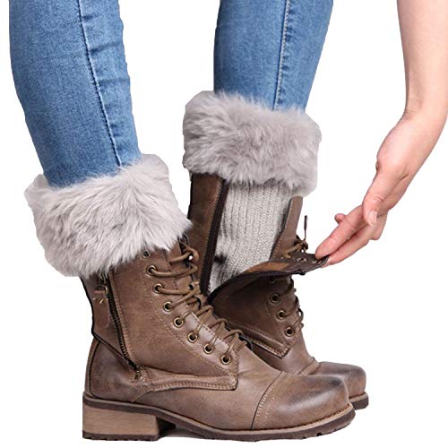 A woman is putting on stylish boots adorned with fur cuffs, preparing for a fashionable outing.