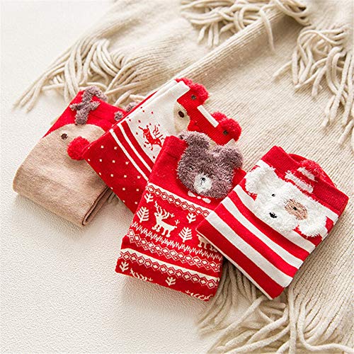 Four pairs of festive socks featuring cheerful reindeer and Santa Claus designs, perfect for holiday spirit.