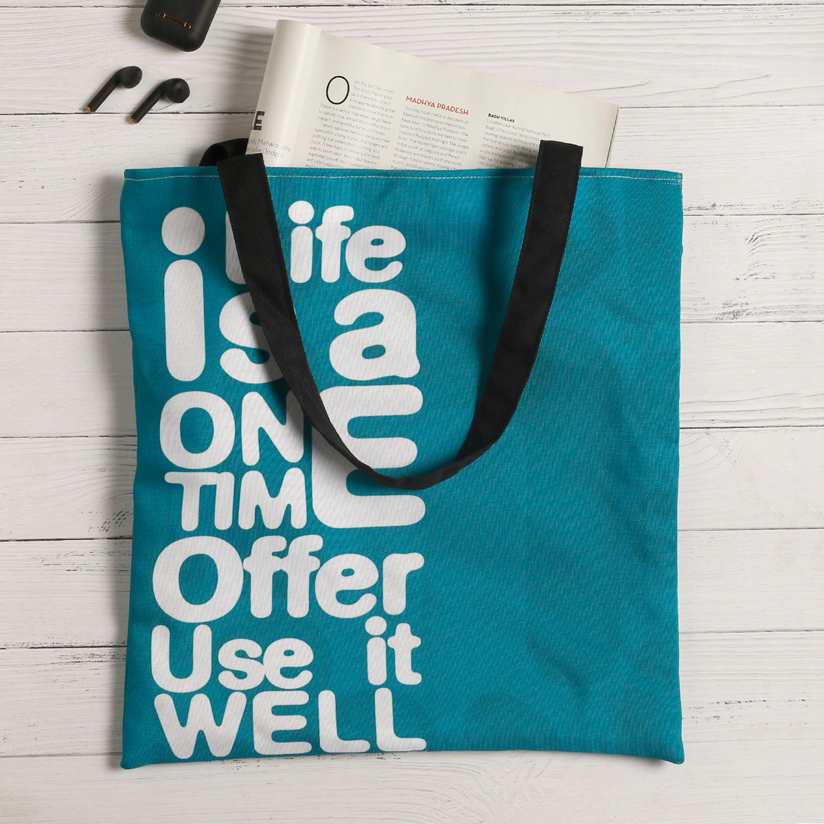 Life is one time offer, live it well - stylish tote bag with inspiring quote