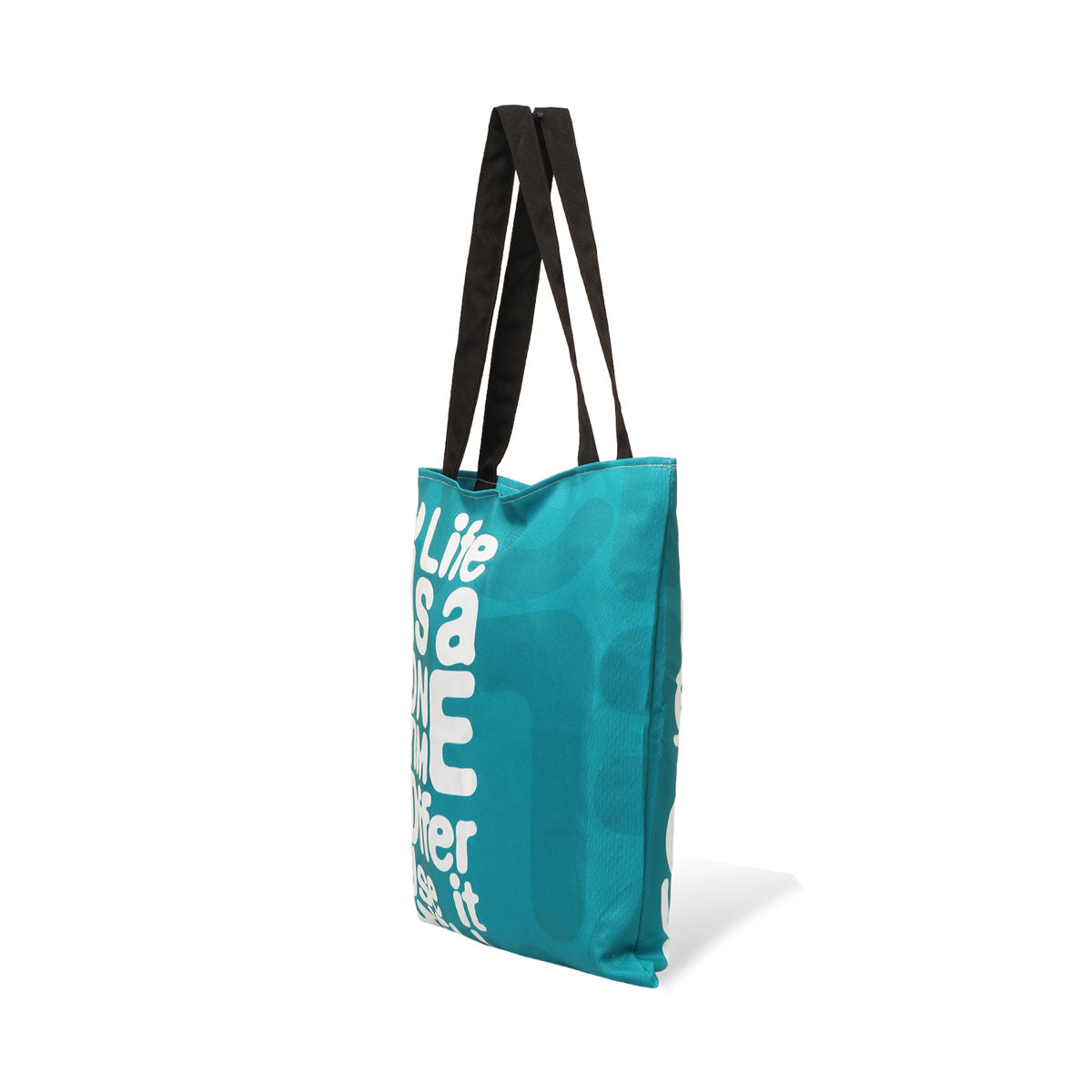  A tote bag adorned with the motivational saying "Life is a one-time offer, use it well," emphasizing positivity and purpose.