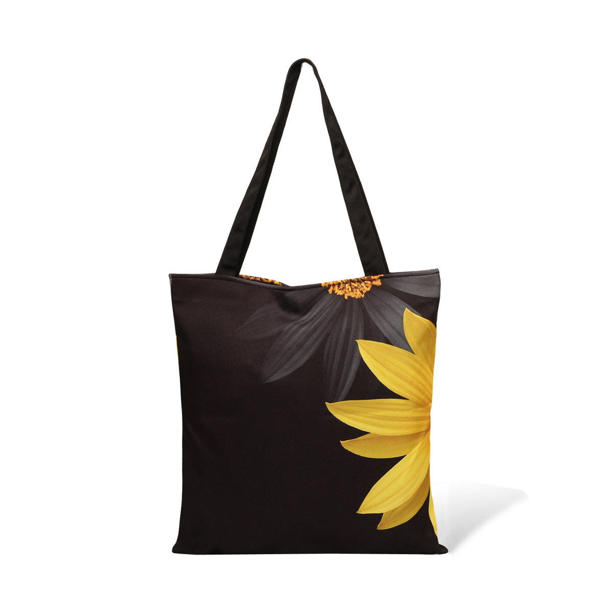 Black and yellow flower tote bag featuring a vibrant floral design, perfect for adding a pop of color to your outfit.