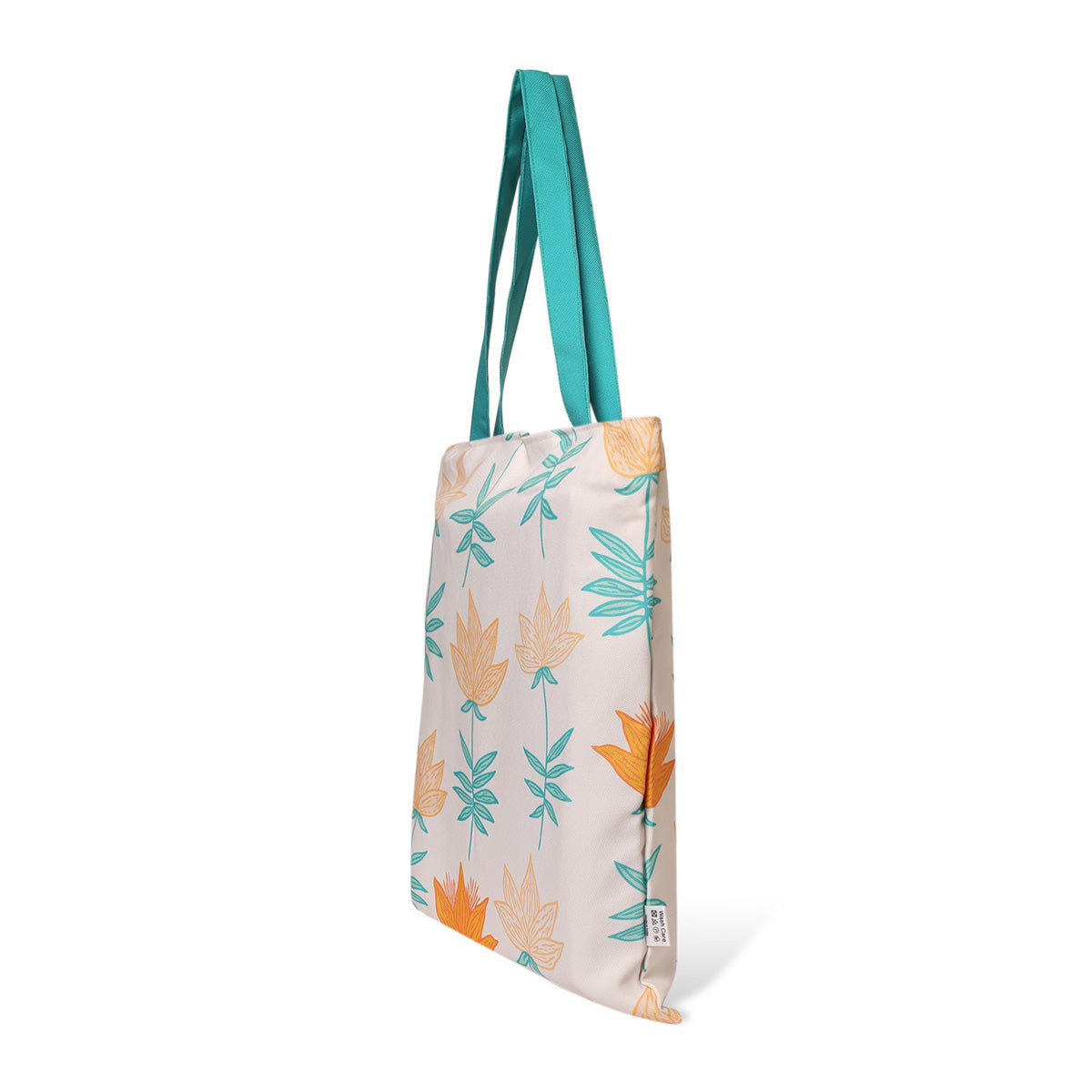  Stylish tote bag decorated with bright orange and green leaves, a chic accessory for any occasion.