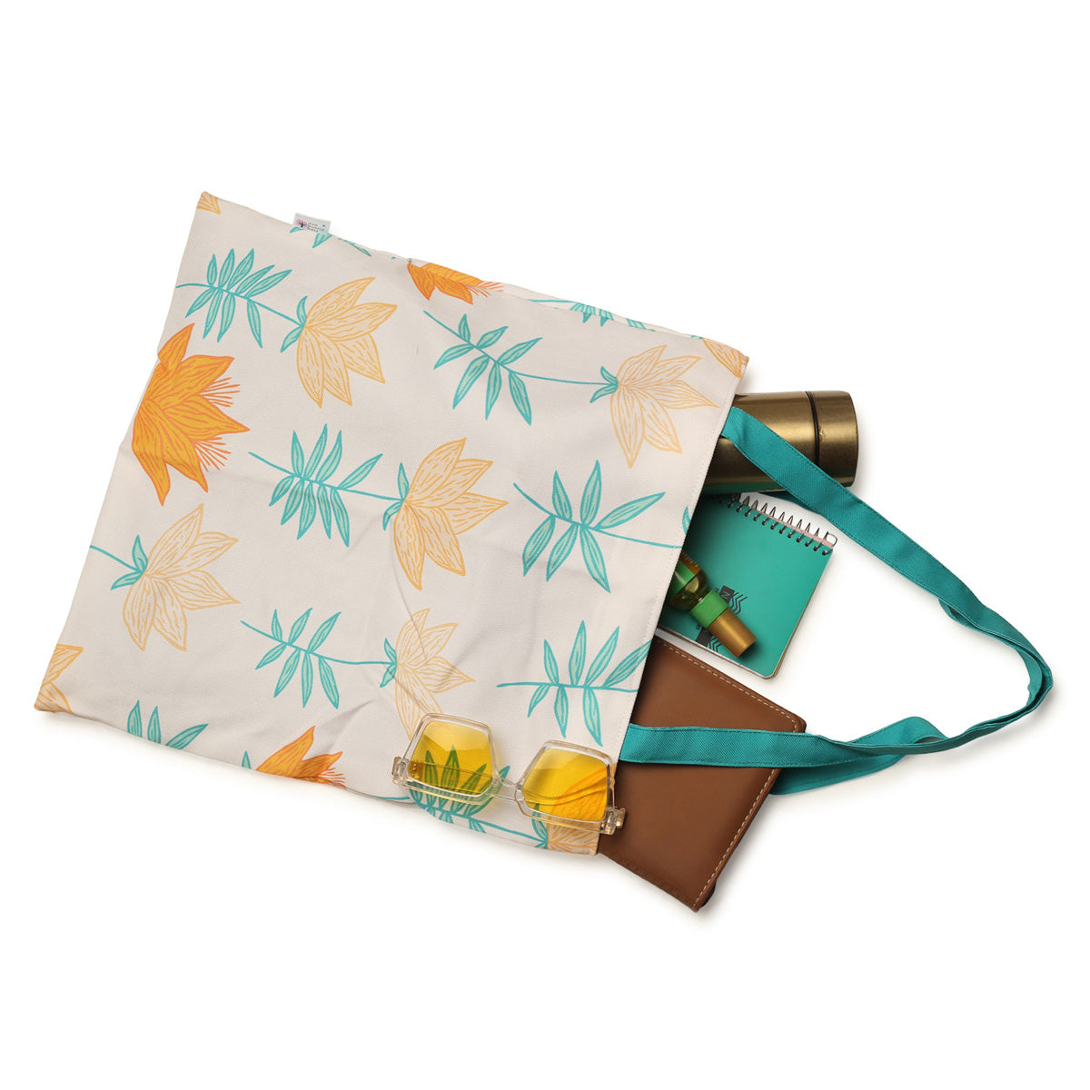 Colorful tote bag with leaf pattern.