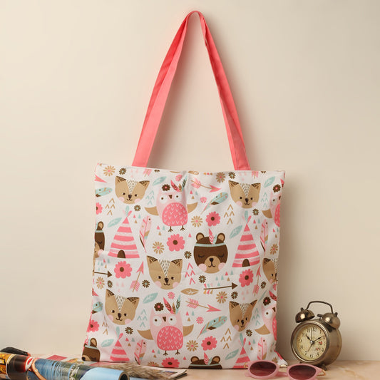 Pink tote bag with adorable animal print design.