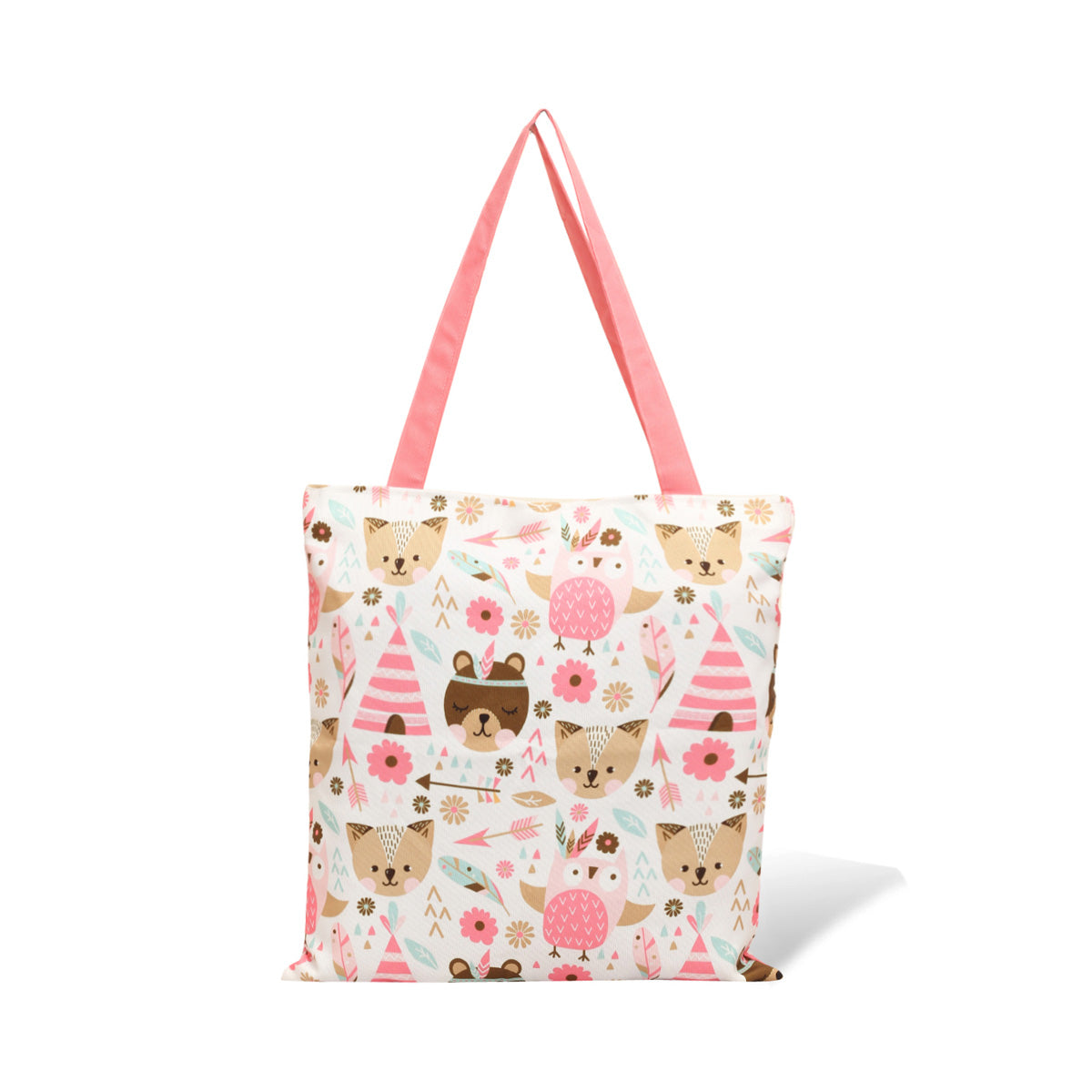 Pink tote bag featuring a sweet animal print.