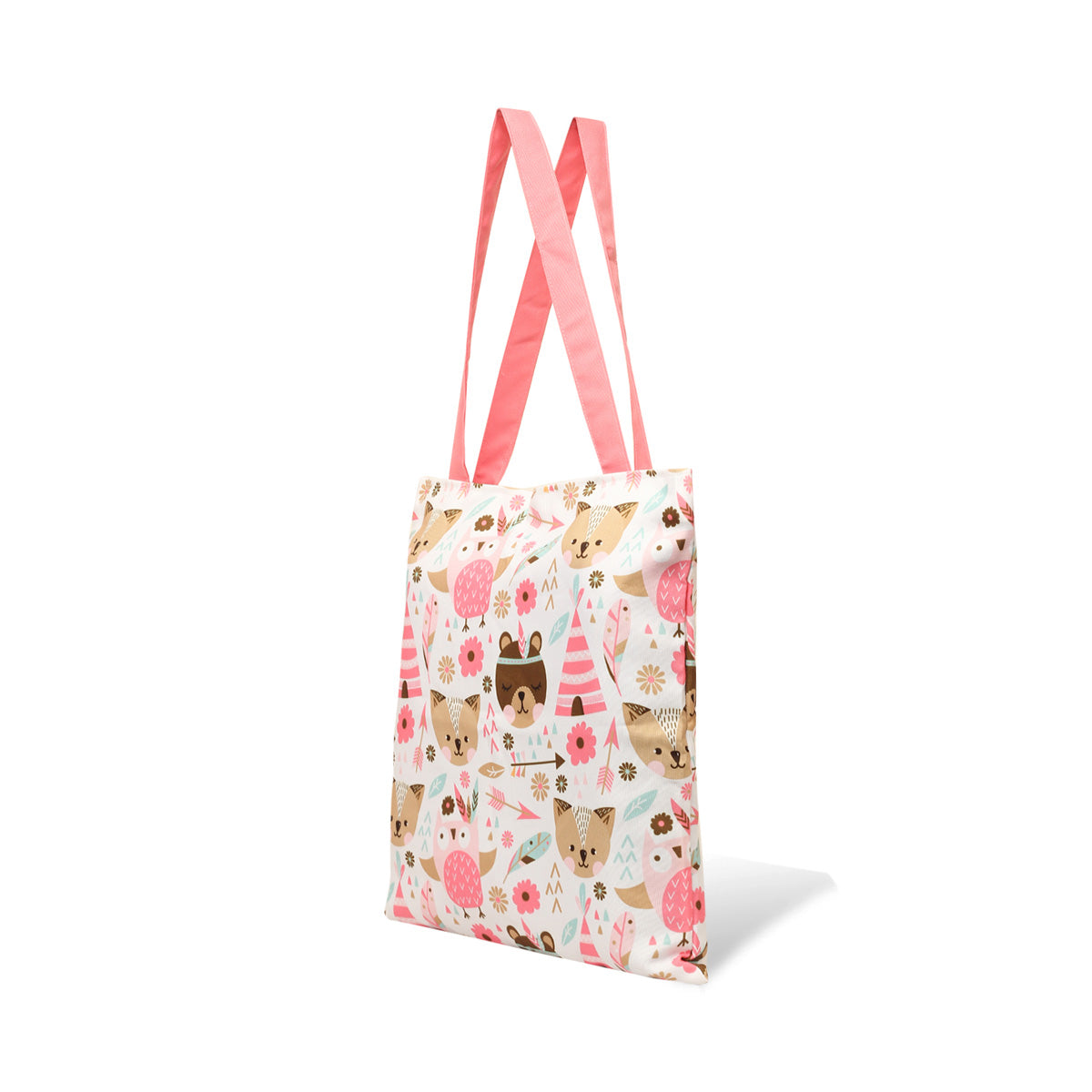 A pink tote bag with a charming animal pattern.